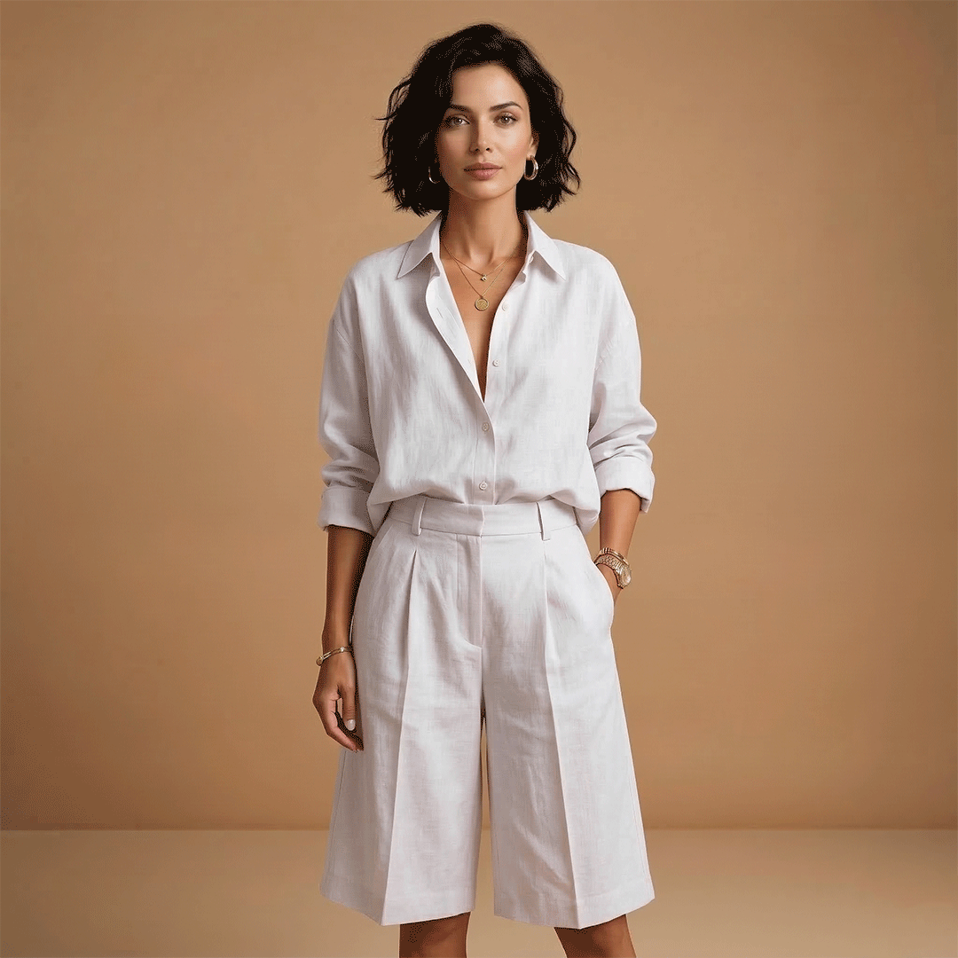 Complete women's casual long sleeve shirt & shorts set. Relaxed fit two-piece for travel, comfort, and style.