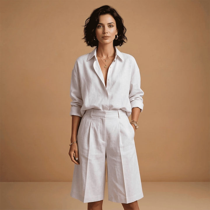 Complete women's casual long sleeve shirt & shorts set. Relaxed fit two-piece for travel, comfort, and style.