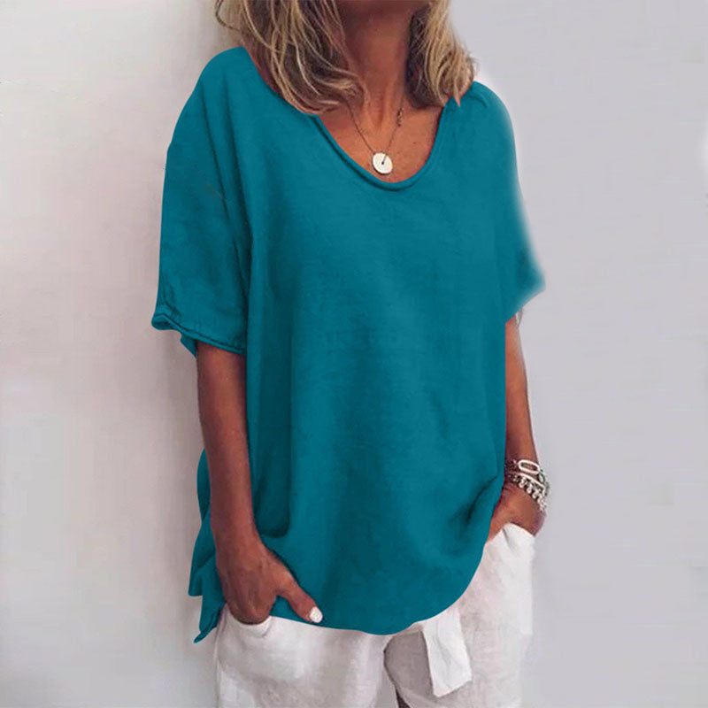 Soft pink women's casual loose-fit t-shirt, a comfy everyday wear top with a relaxed silhouette.