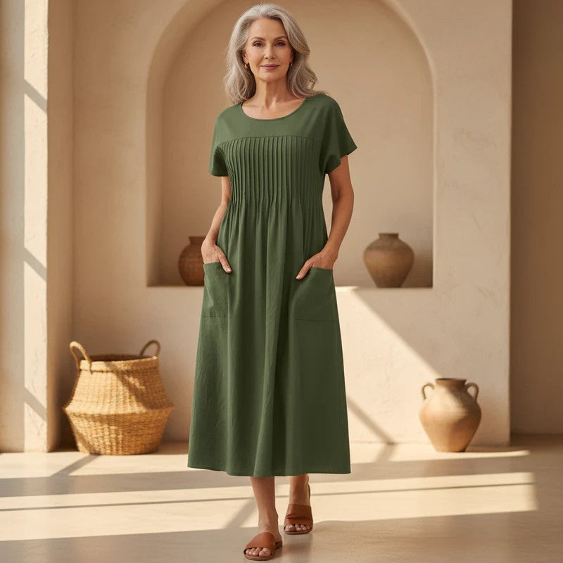Women's casual relaxed fit midi dress with functional pockets, perfect for spring and summer everyday wear.