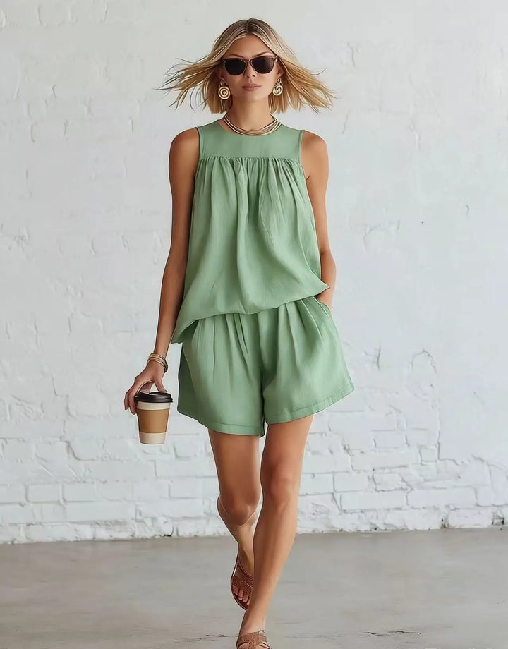 Cozy chic women's relaxed fit shorts set, perfect for summer vacation wear or a casual brunch outfit.