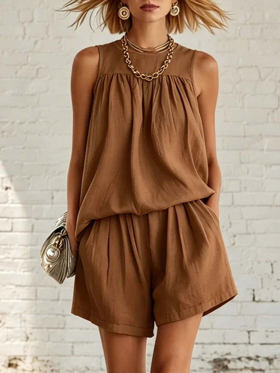 Women's summer fashion shorts set, a versatile two-piece casual outfit suitable for vacation, brunch, or lounging.