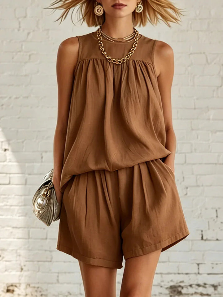 Women's summer fashion shorts set, a versatile two-piece casual outfit suitable for vacation, brunch, or lounging.