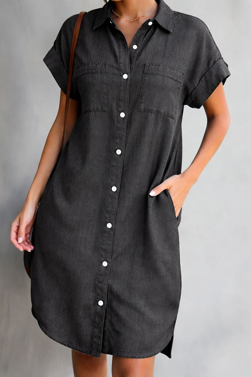Chic women's relaxed fit dress with short sleeves, ideal for comfortable, versatile everyday & summer style.