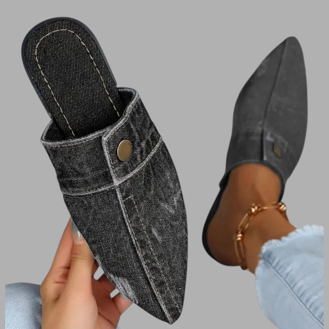 Navy women's casual slip-on mules, comfortable flat sandals with open back, perfect for summer.