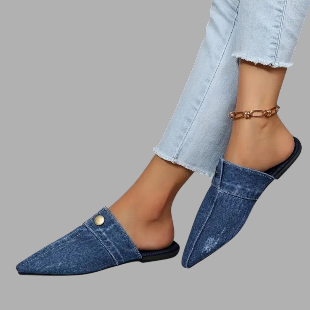 Blue women's casual slip-on mule sandals, flat and comfortable, ideal for summer everyday wear.