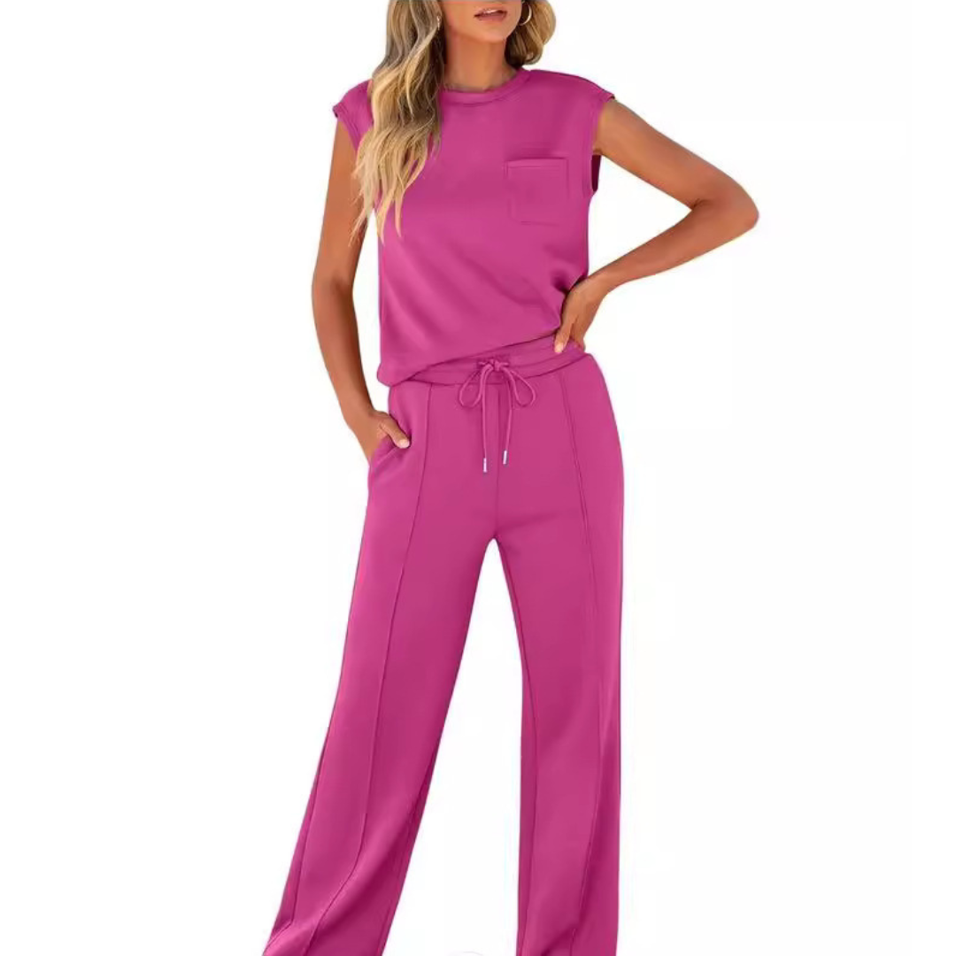 Soft fabric women's summer lounge set with a relaxed fit. Stylish & comfortable casual matching outfit.