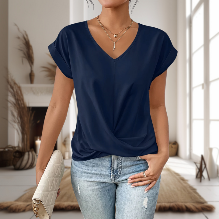 Trendy women's casual sweetheart neck short sleeve t-shirt, an essential ladies blouse for summer fashion.