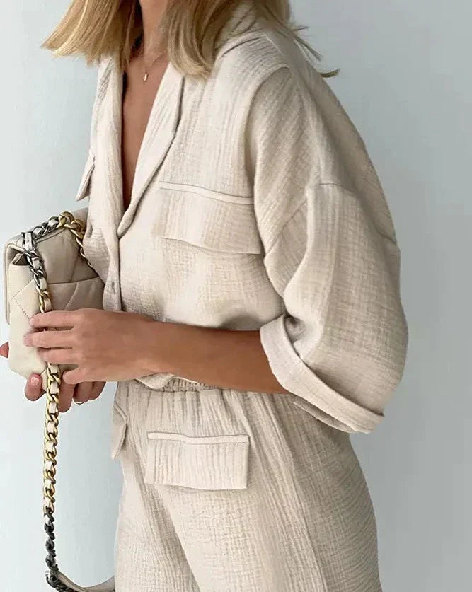Relaxed women's short & button-down top set, a versatile casual wear or leisure outfit for warm weather.