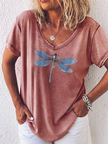 Women's casual V-neck tee with elegant dragonfly print, short sleeves for summer fashion and everyday comfort.