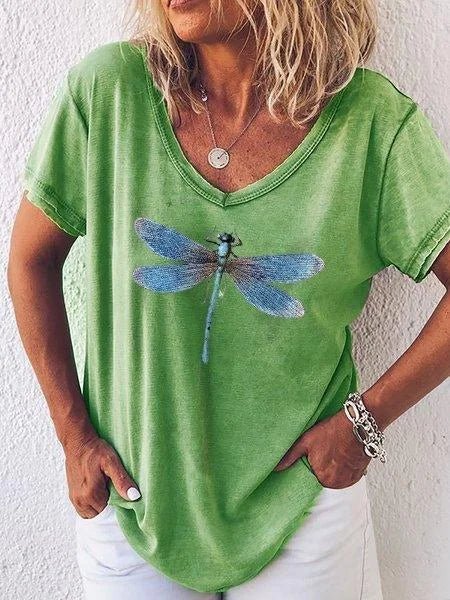 Relaxed fit women's V-neck tee, featuring a stylish dragonfly print graphic and comfortable short sleeves.