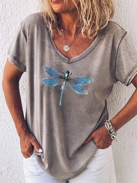 Stylish women's V-neck top with beautiful dragonfly print, short sleeves, perfect for spring and summer casual fashion.