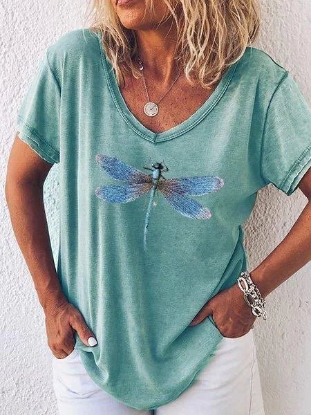 Soft women's short-sleeve V-neck t-shirt featuring a unique dragonfly print, ideal for comfortable casual wear.