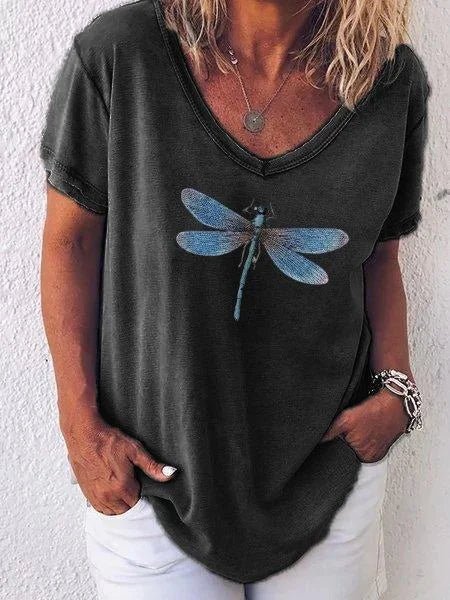 Casual women's V-neck short sleeve tee with a vibrant dragonfly print, a perfect graphic t-shirt for summer style.