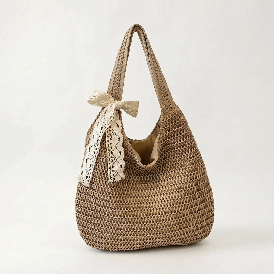 Chic women's casual shoulder tote, a stylish woven knit bag designed for summer outings & travel.