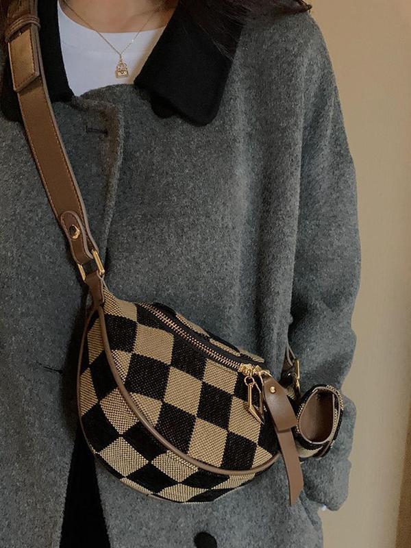 Durable women's checkered canvas belt bag with elegant leather trim, ideal for daily essentials.