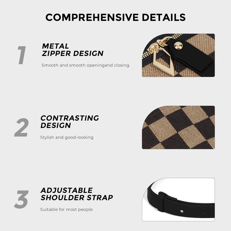 Modern women's checkered canvas crossbody bag, featuring a secure zip and adjustable strap for convenience.
