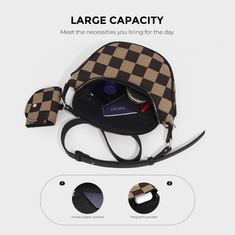 Distinctive checkered canvas belt bag for women, a practical & stylish waist or crossbody accessory.