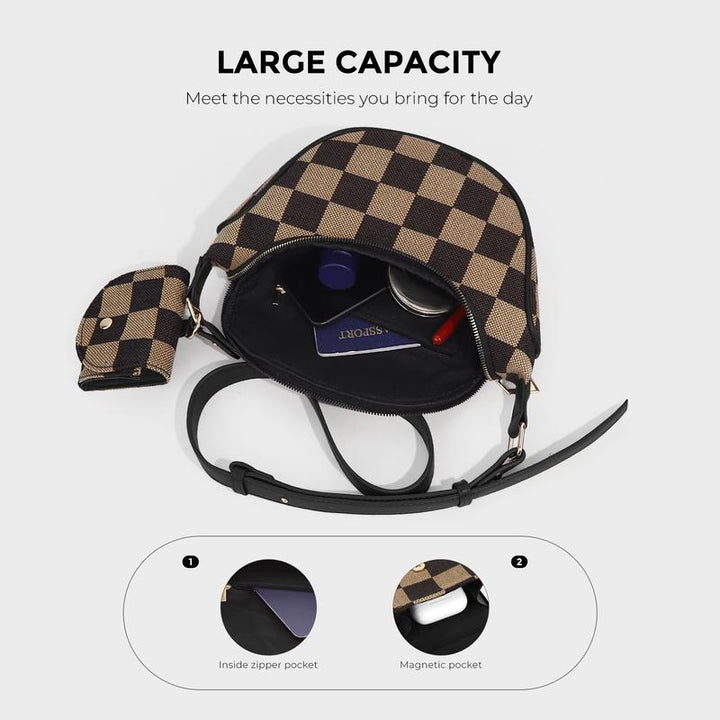 Distinctive checkered canvas belt bag for women, a practical & stylish waist or crossbody accessory.