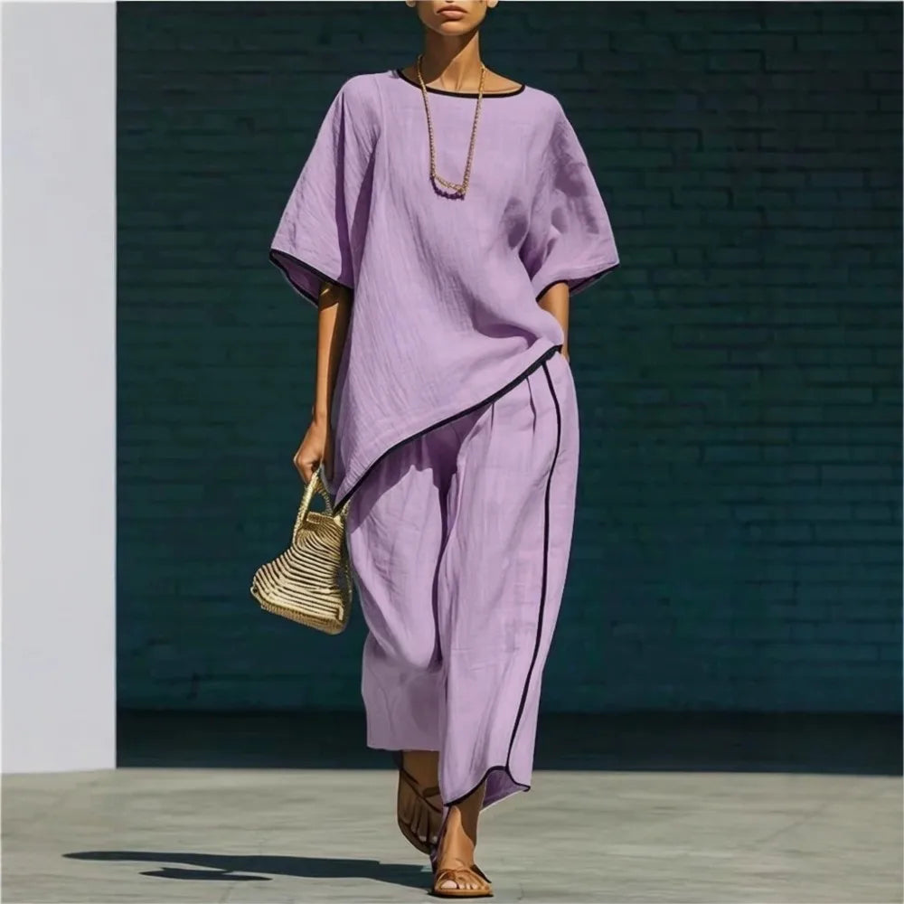 Comfortable women's 2-piece matching set with relaxed top & wide-leg cropped pants for casual wear.