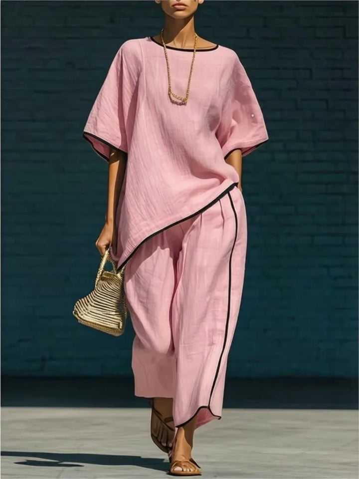 Women's chic 2-piece set: relaxed top, wide-leg cropped pants. Casual, versatile summer style.
