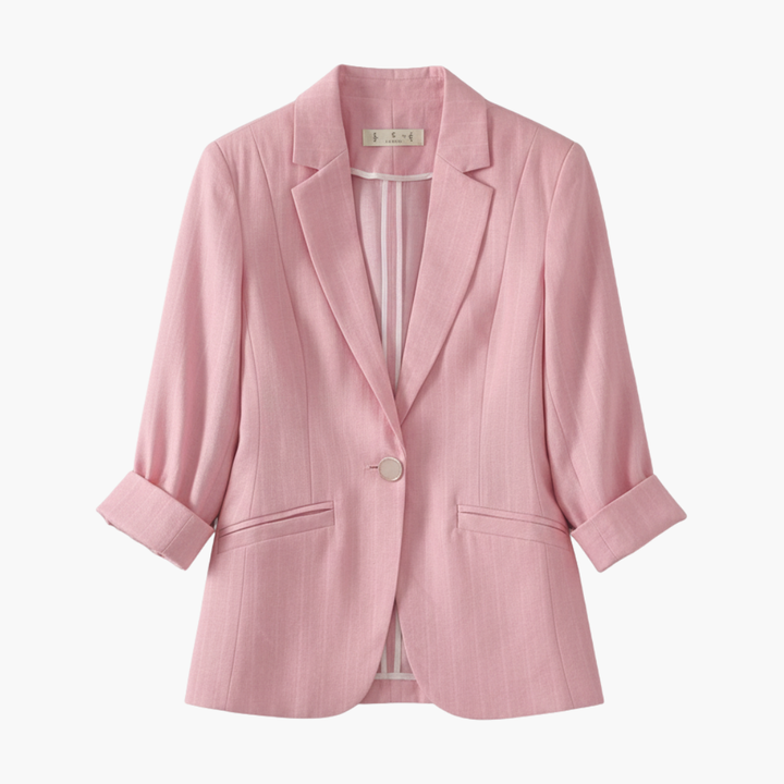 Women's chic 3/4 sleeve blazer with single button closure and notched lapel, perfect for business casual and workwear.