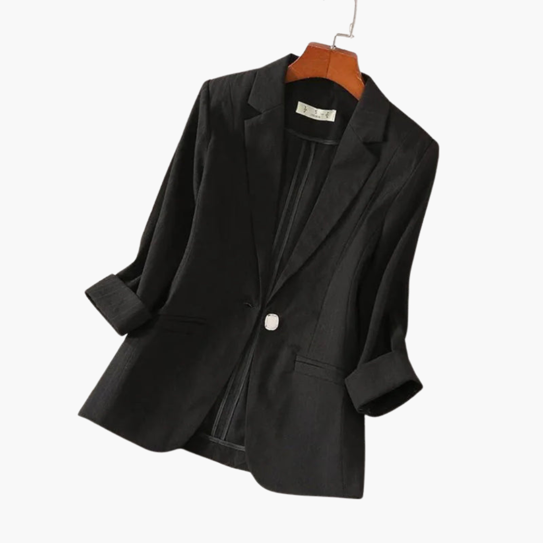 Chic women's blazer with 3/4 sleeves, single button design, and notched lapels, enhancing ladies' fashion.