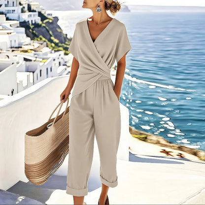 Women's chic apricot wrap detail cropped wide-leg jumpsuit. Perfect for elegant summer casual & vacation wear.