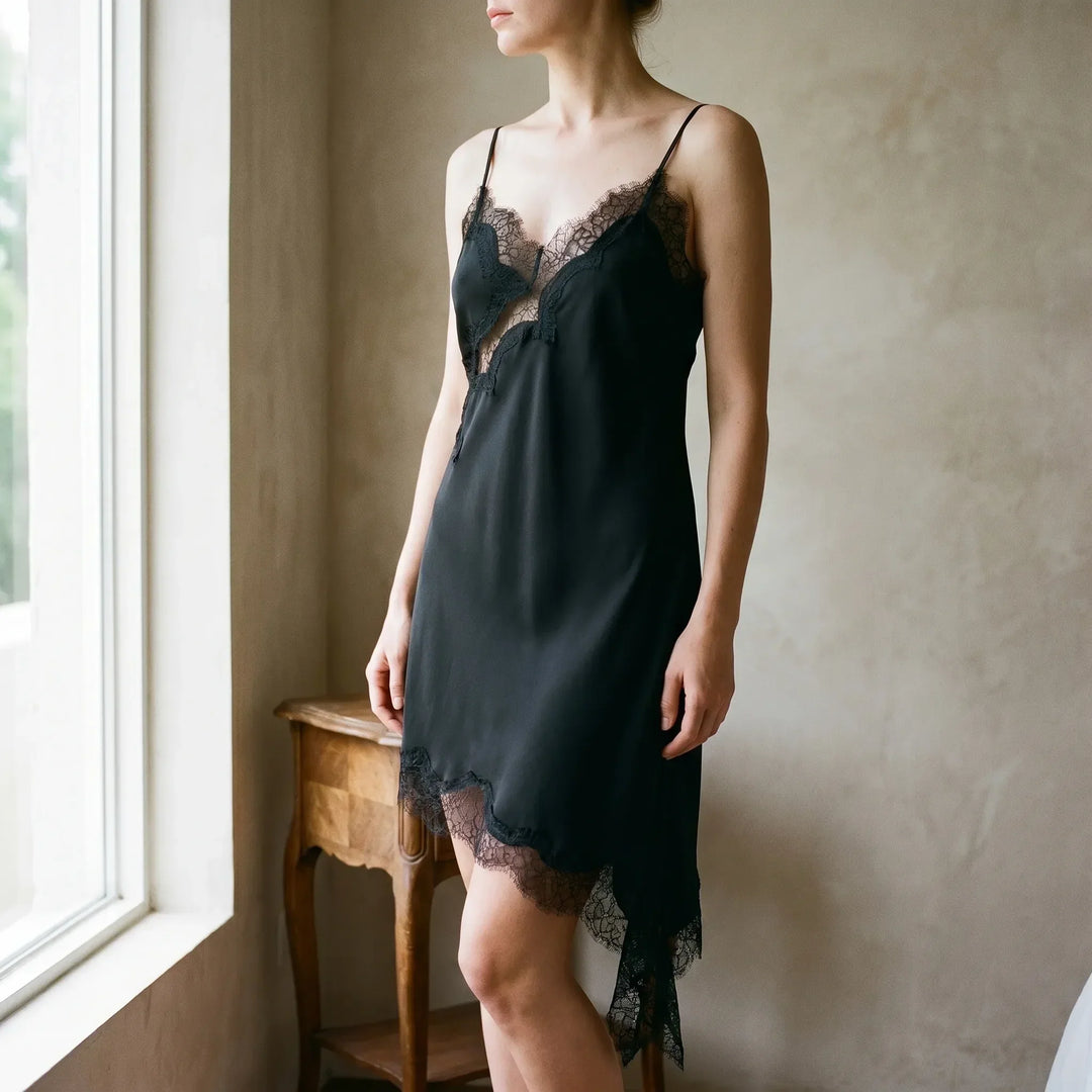 Women's chic asymmetric lace slip dress with V-neck, perfect for evening parties & cocktails.