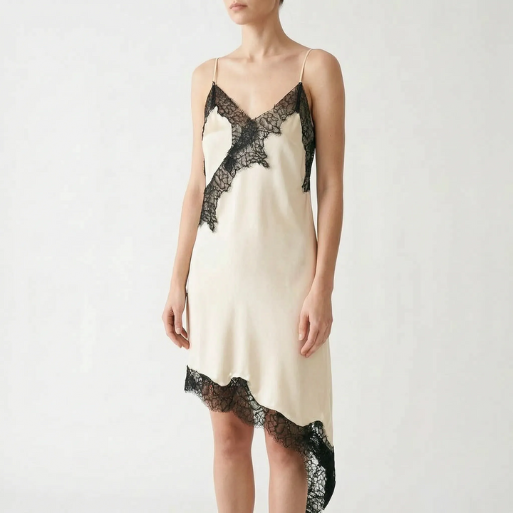 Women's elegant asymmetric lace slip dress, ideal for evening, party, and summer fashion.