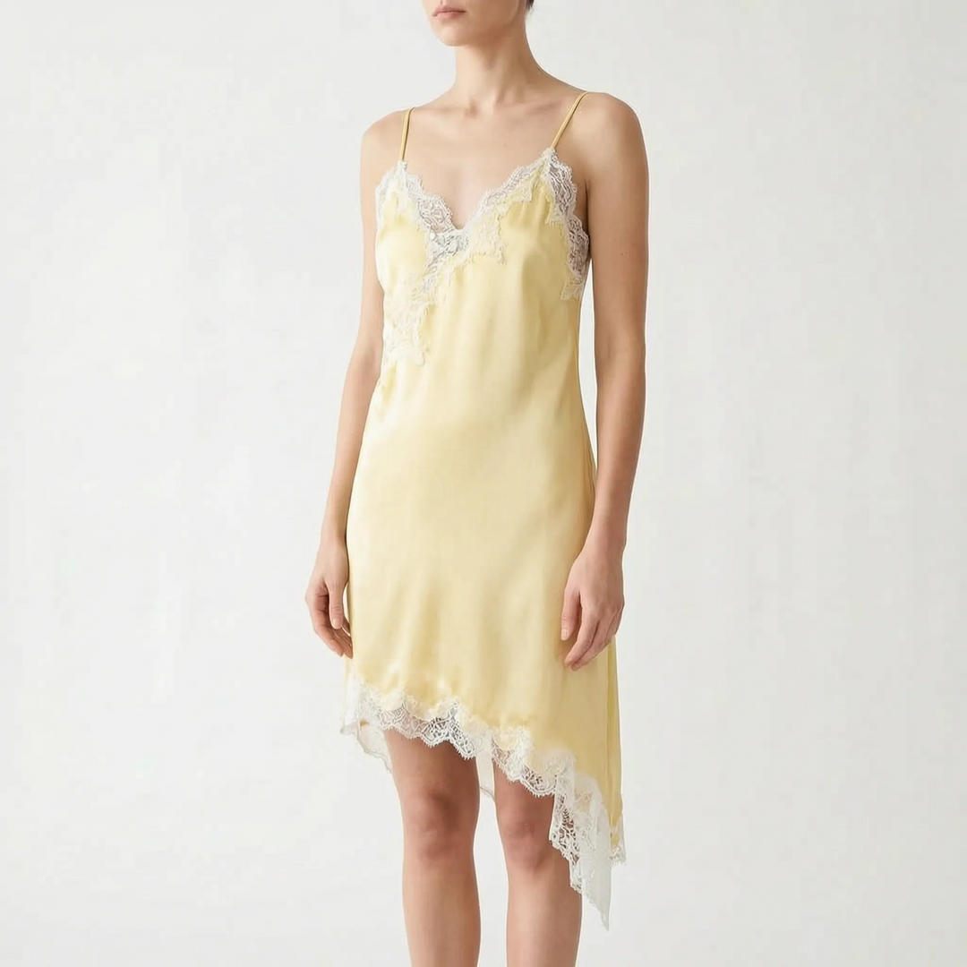 Sleeveless V-neck asymmetric lace slip dress for women, chic and elegant for cocktail and evening parties.