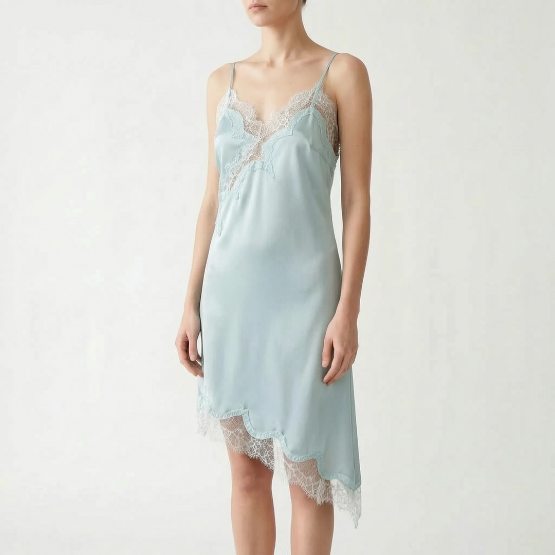 Chic women's asymmetric lace slip dress with V-neck, elegant summer fashion for parties & evening.