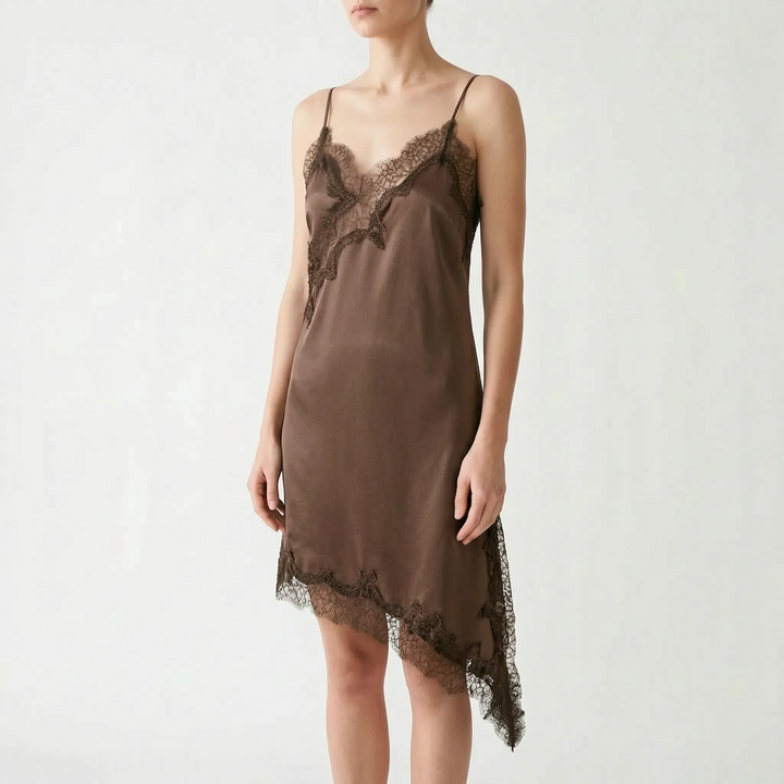 Women's elegant asymmetric lace slip dress, a chic V-neck sleeveless design for evening & summer.