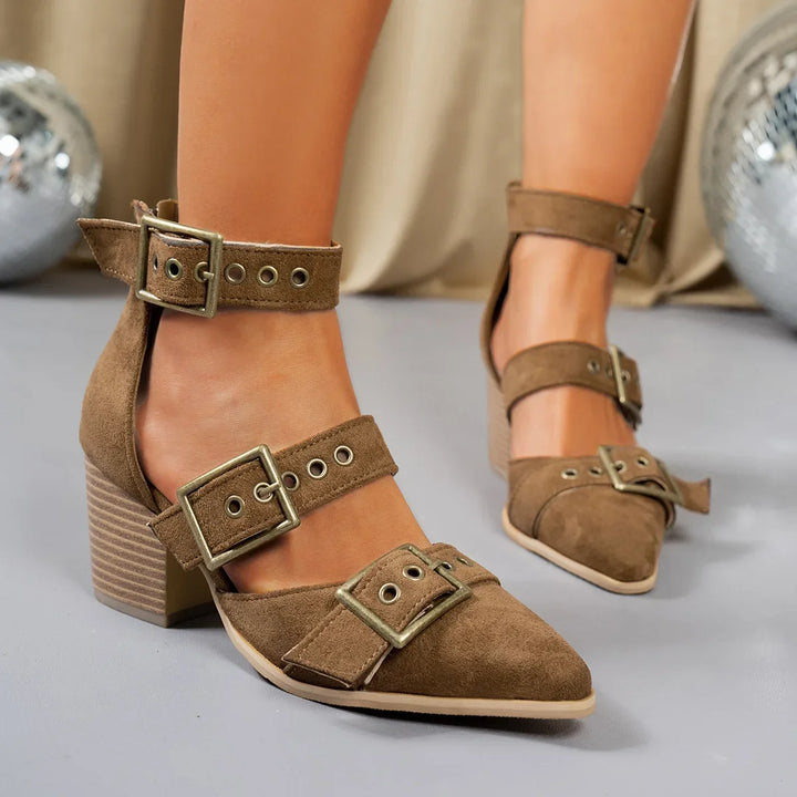 Contemporary women's chic block heels, featuring a secure triple buckle closure.