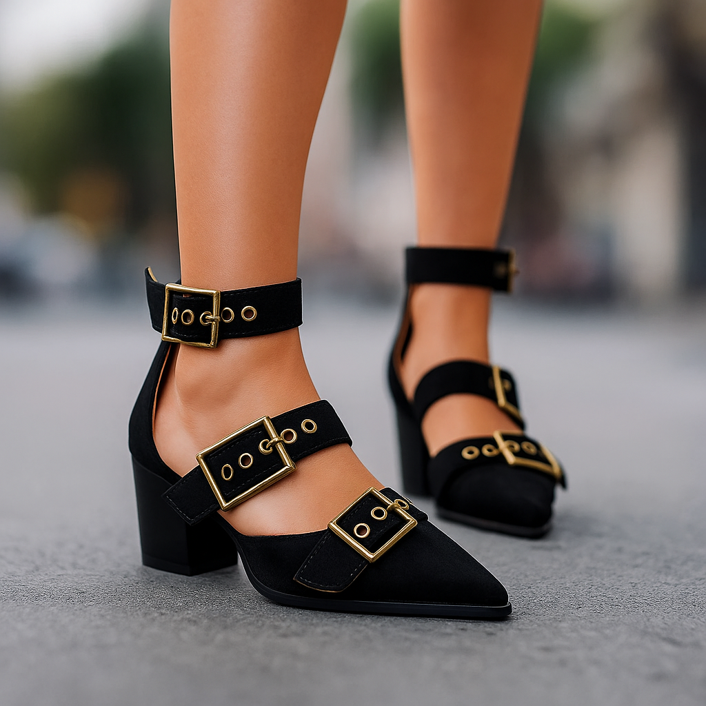 Modern women's block heels with three elegant buckles. Comfortable and versatile dress shoes.