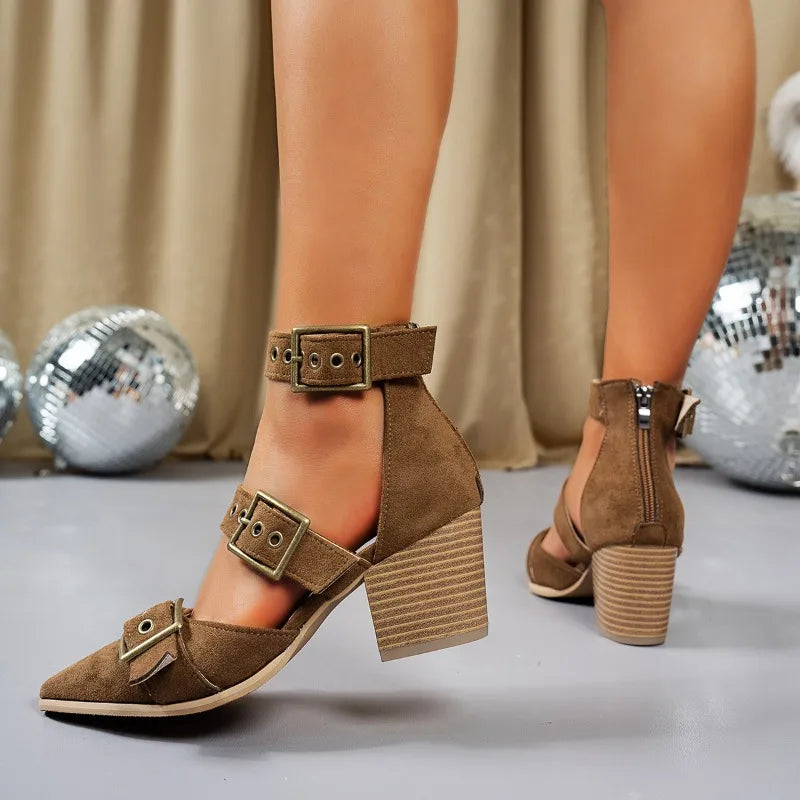 Comfortable women's dress shoes: black block heels with chic triple buckle detail.