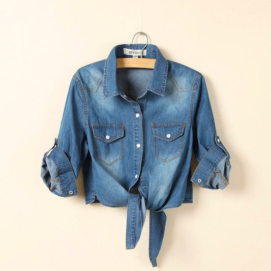 Women's chic blue tie-front button-up shirt with long sleeves, perfect for stylish casual wear.