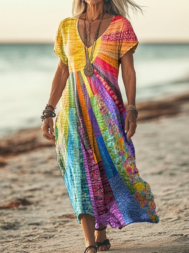 Elegant women's bohemian V-neck midi dress, available in long or short sleeve, ideal for summer and casual wear.