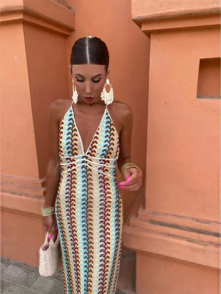 Summer boho maxi dress for women. Chic chevron print & halter neck make it ideal for wedding guests & vacations.