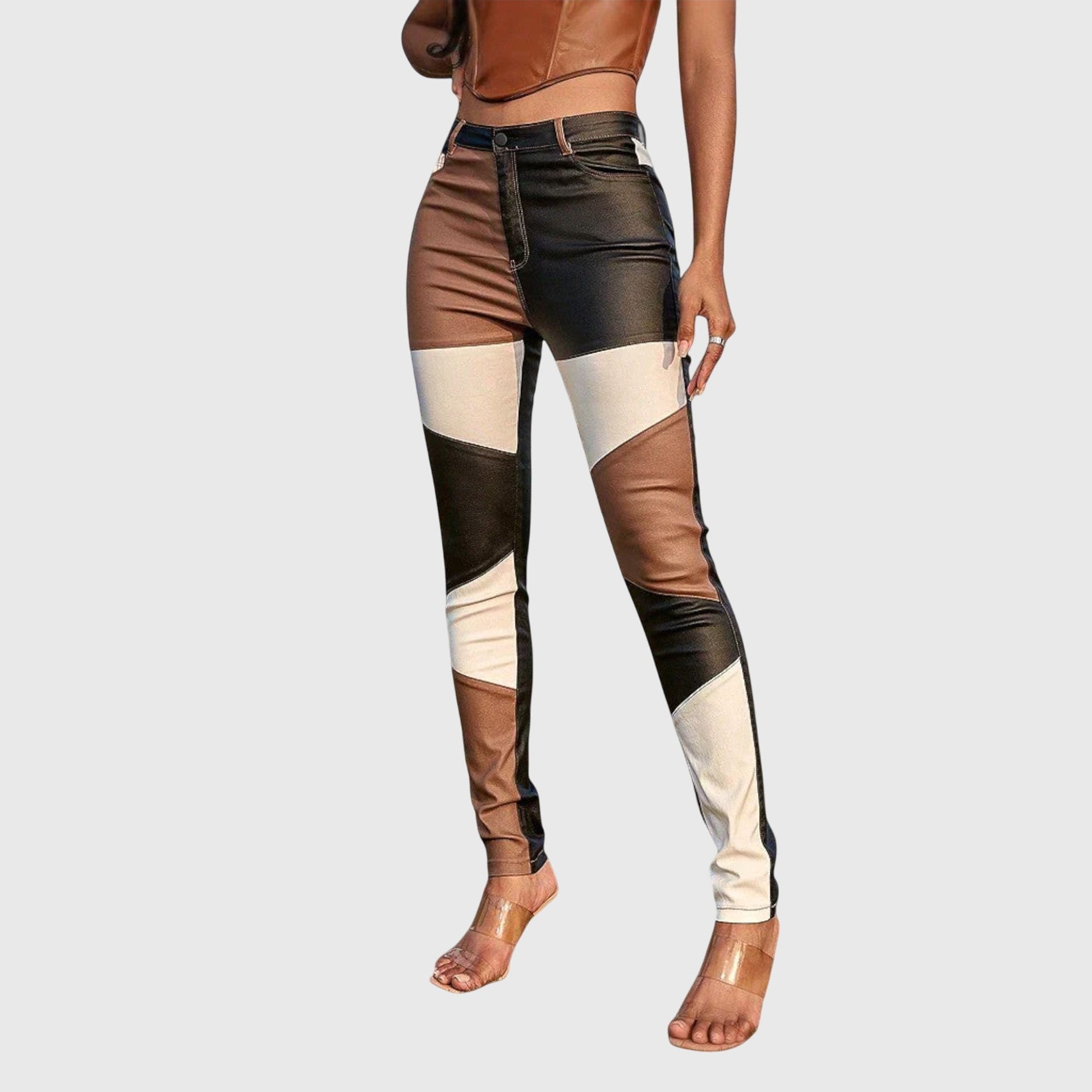 Women's chic brown & blue color block tube pants, slim fit for modern style. Comfortable everyday fashion.