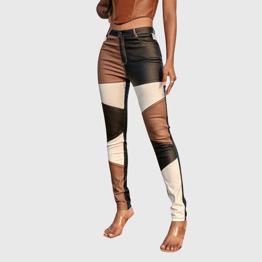 Women's chic brown & blue color block tube pants, slim fit for modern style. Comfortable everyday fashion.