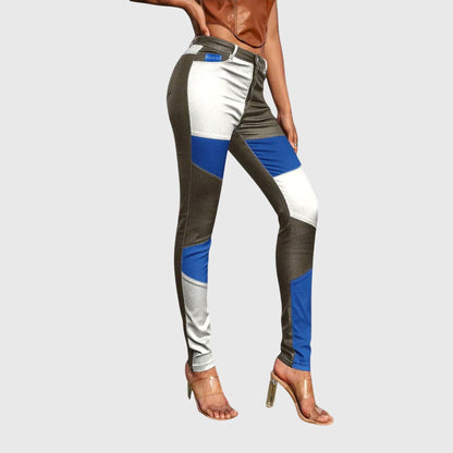 Stylish women's color block tube pants with a slim fit. Versatile modern design in brown and blue hues.