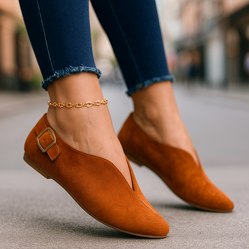 Stylish women's slip-on loafers with elegant buckle detail. Chic flats for fashion-forward comfort & everyday wear.