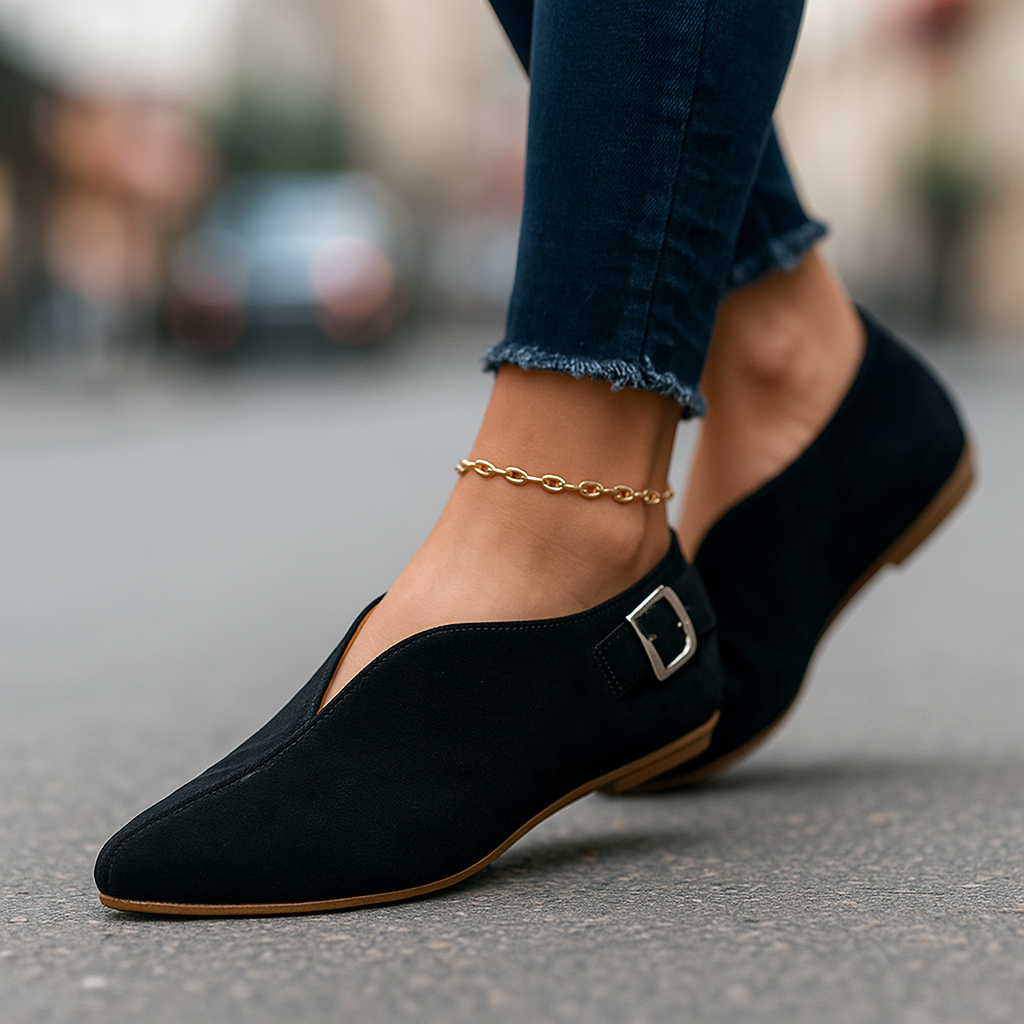 Comfortable women's buckle loafers, ideal for versatile workwear or casual everyday fashion. Stylish slip-on flats.