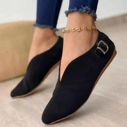 Comfortable women's buckle loafers. Stylish slip-on flats, perfect for everyday wear, work, and fashion.