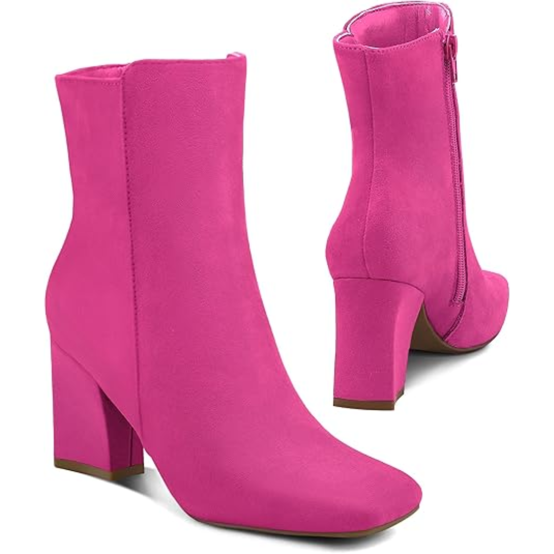 Women's chic chunky block heel ankle boots, square toe design, side zip closure. Perfect for fall fashion.