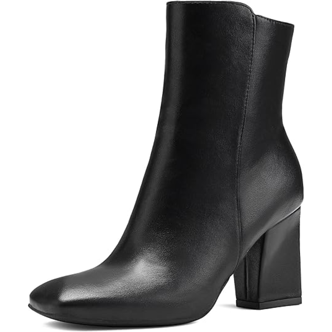 Women's fall fashion ankle boots, featuring a chunky block heel, square toe, and convenient side zipper.