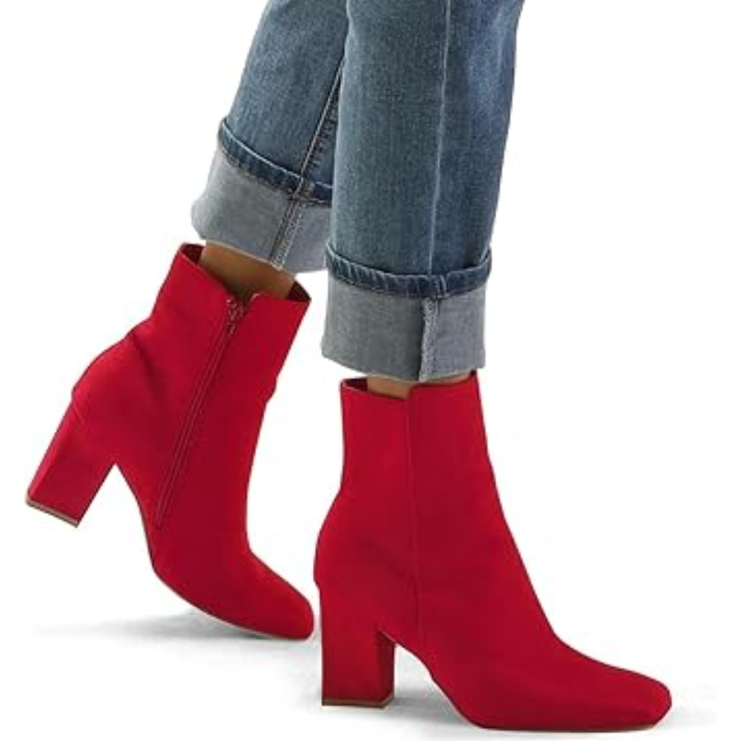 Fashionable women's square toe ankle boots, featuring a comfortable chunky block heel and convenient side zip.