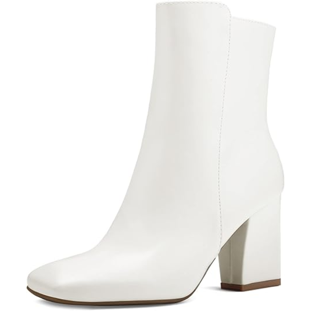 Elegant women's chunky block heel booties, square toe, and side zip. Ideal for fall outfits & dressy occasions.