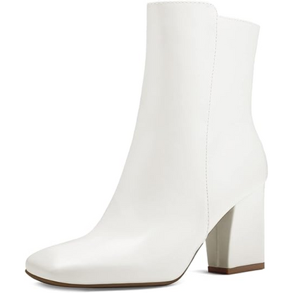 Elegant women's chunky block heel booties, square toe, and side zip. Ideal for fall outfits & dressy occasions.